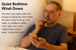Adult using a melatonin sleep strip beside a dim bedside lamp before going to sleep