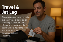 Traveler with carry-on bag and a single-dose melatonin sleep strip pouch preparing for hotel sleep