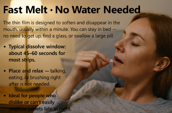 Melatonin sleep strip melting under the tongue with a relaxed bedside posture
