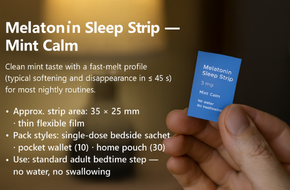 Close-up of a thin melatonin sleep strip on a fingertip with warm bedroom lighting