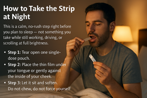 Adult placing a melatonin sleep strip under the tongue before turning off the bedside lamp