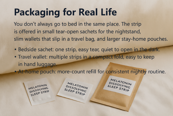 Bedside sachet, slim travel wallet, and home pouch options for melatonin sleep strips