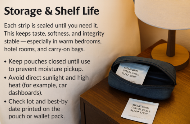 Single-dose melatonin sleep strip pouches stored on a bedside table and in a travel kit