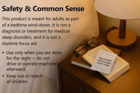 Calm bedroom scene: dim light, book, glasses, and a single sealed melatonin sleep strip pouch on the nightstand